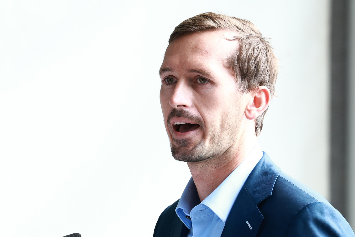 Ben Kennedy, NASCAR Executive Vice President &; Chief Venue Racing Innovation Officer, speaks with the media (Photo by Manuel Velasquez/Getty Images)