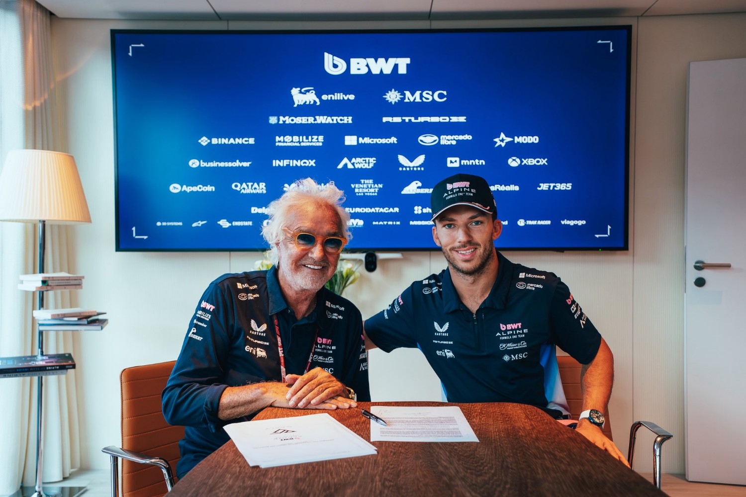 Alpine team boss Fabio Briatore and Pierre Gasly
