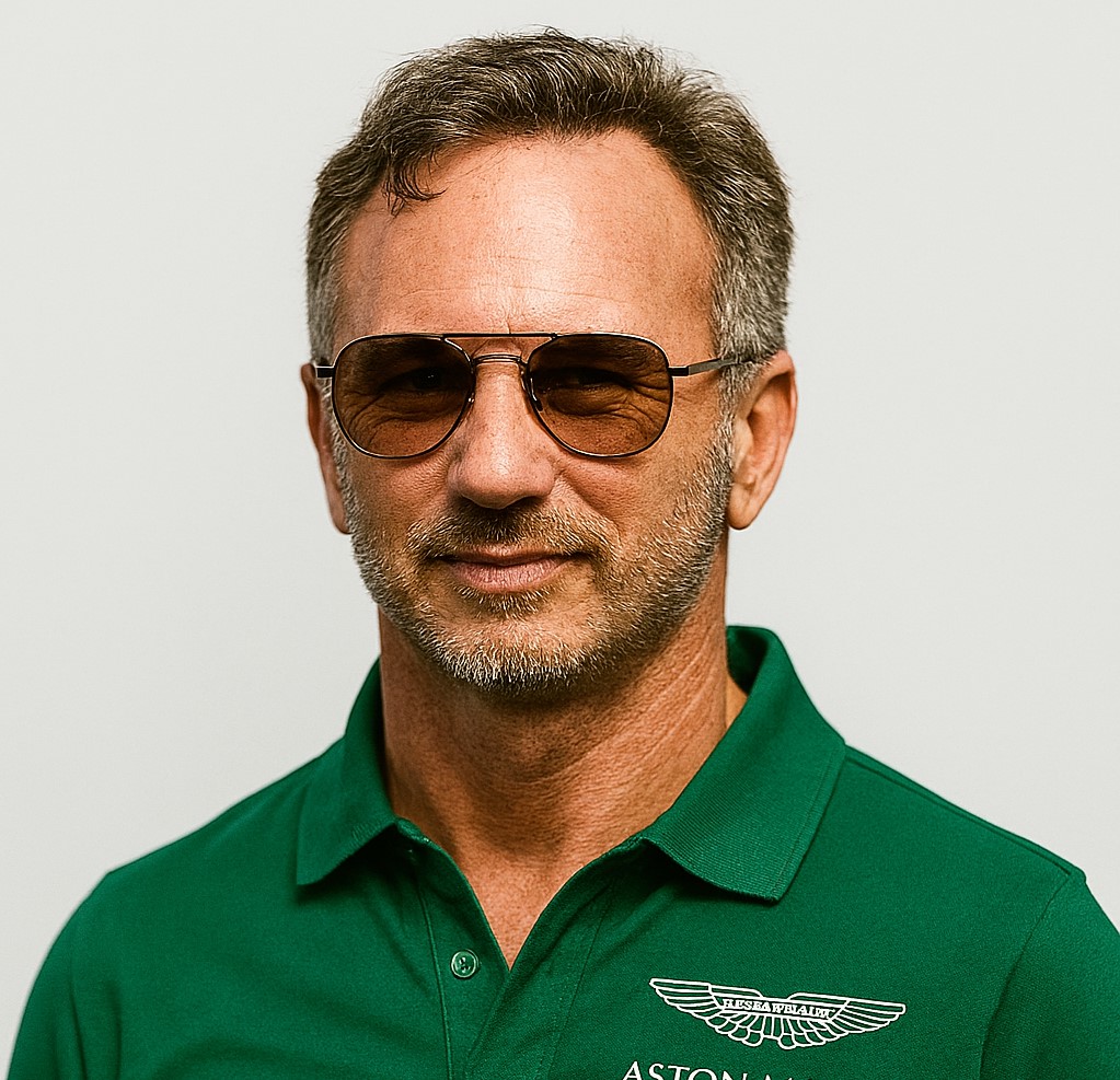Christian Horner in Aston Martin F1 attire. Image is AI generated