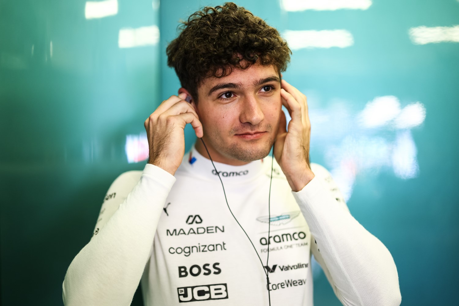 Jak Crawford of United States and Aston Martin F1 Team prepares to drive in the garage prior to practice ahead of the F1 Grand Prix of Mexico at Autodromo Hermanos Rodriguez on October 24, 2025 in Mexico City, Mexico. (Photo by Zak Mauger/LAT Images for Aston Martin)