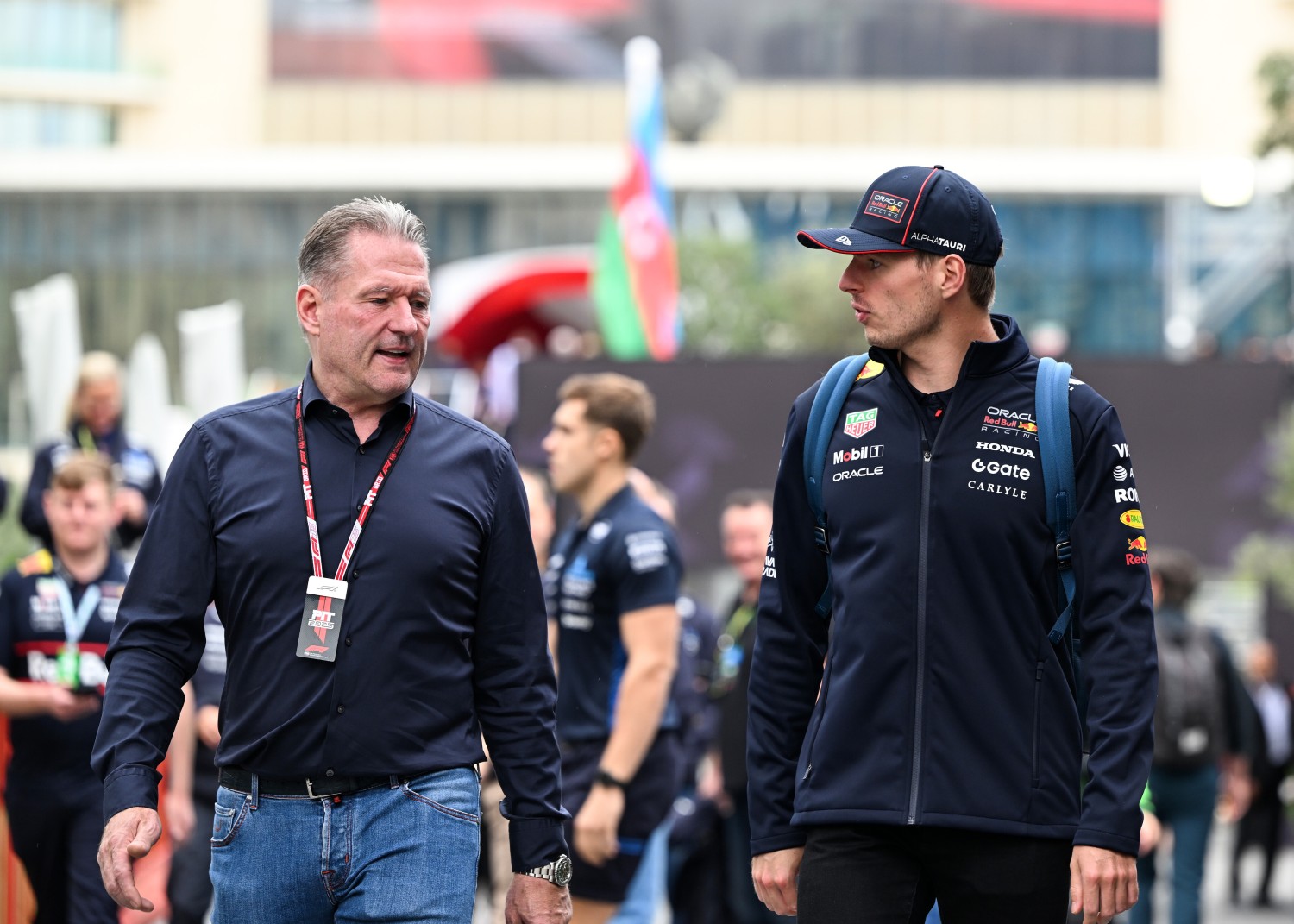 Max Verstappen of the Netherlands and Oracle Red Bull Racing and Jos Verstappen arrive in the Paddock prior to final practice ahead of the F1 Grand Prix of Azerbaijan at Baku City Circuit on September 20, 2025 in Baku, Azerbaijan. (Photo by Simon Galloway/LAT Images) // Getty Images / Red Bull Content Pool //