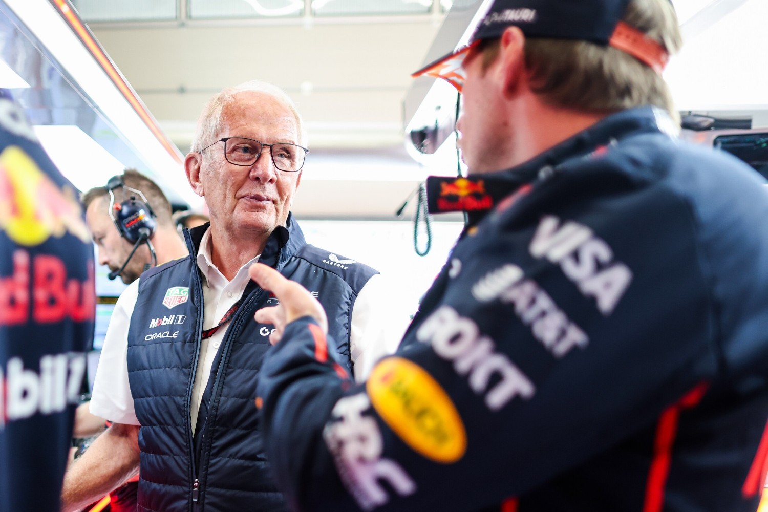 Dr Helmut Marko, Team Consultant of Oracle Red Bull Racing and Max Verstappen of the Netherlands and Oracle Red Bull Racing talk in the Paddock prior to practice ahead of the F1 Grand Prix of Austria at Red Bull Ring on June 27, 2025 in Spielberg, Austria. (Photo by Mark Thompson/Getty Images) // Getty Images / Red Bull Content Pool //