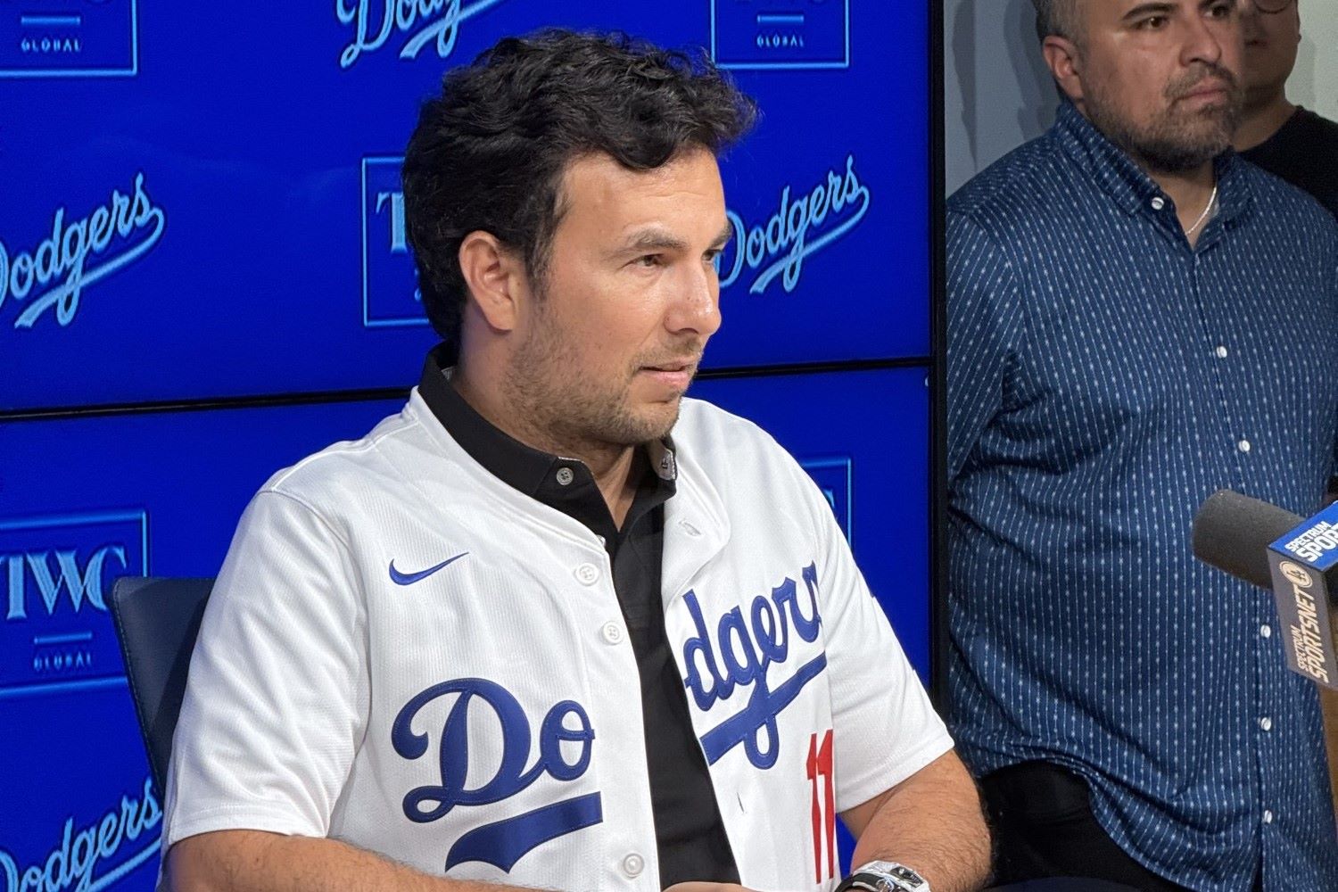 Sergio Perez speaks at Dodgers Stadium where he threw out the first pitch.