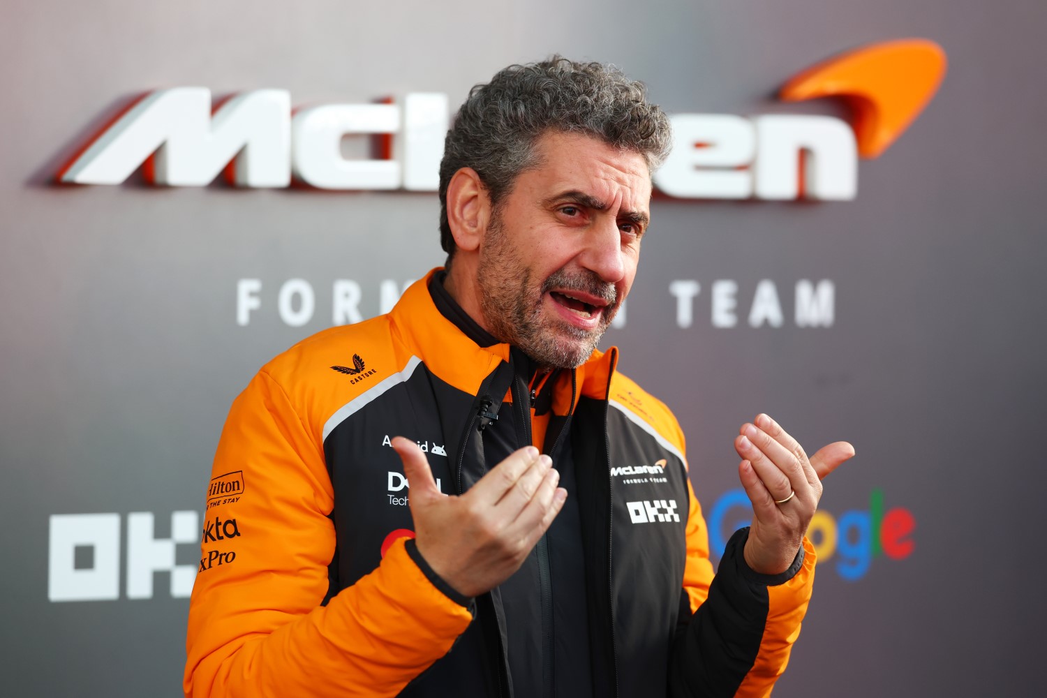 Andrea Stella, Team Principal of McLaren talks to the media during previews ahead of the F1 Grand Prix of Las Vegas at Las Vegas Strip Circuit on November 19, 2025 in Las Vegas, Nevada. (Photo by Clive Rose/Getty Images for McLaren)