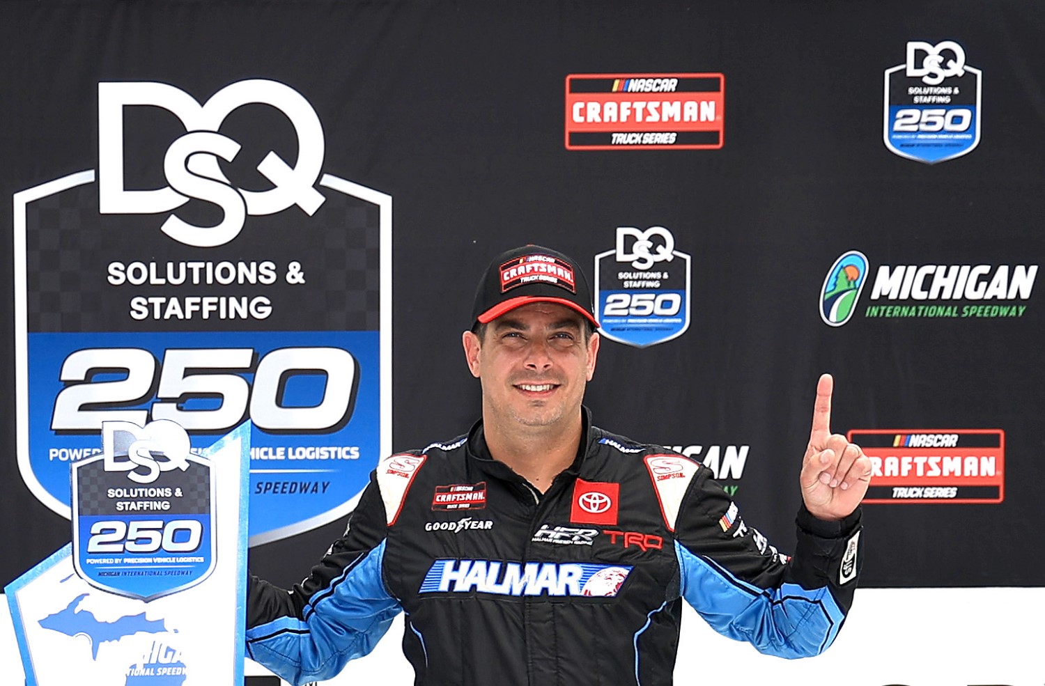 Stewart Friesen, driver of the #52 Halmar International Toyota, celebrates in victory lane after winning the NASCAR Craftsman Truck Series DQS Solutions & Staffing 250 Powered by Precision Vehicle Logistics at Michigan International Speedway on June 07, 2025 in Brooklyn, Michigan. (Photo by Chris Graythen/Getty Images for NASCAR)