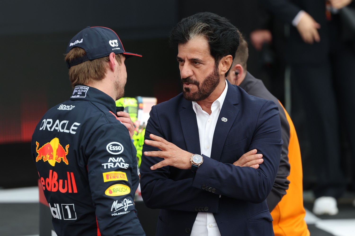 Pole position qualifier Max Verstappen of the Netherlands and Oracle Red Bull Racing and Mohammed ben Sulayem, FIA President talk in parc ferme during qualifying ahead of the F1 Grand Prix of Great Britain at Silverstone Circuit on July 05, 2025 in Northampton, England. (Photo by Sam Bloxham/LAT Images) // Getty Images / Red Bull Content Pool //