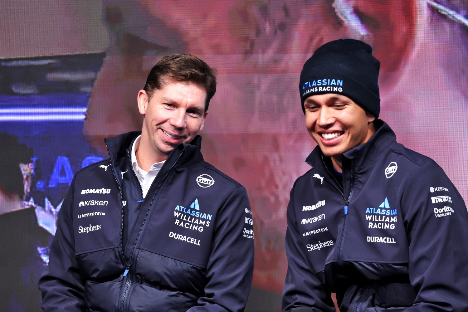 (L to R): James Vowles (GBR) Williams Racing Team Principal with Alexander Albon (THA) Williams Racing. Formula One World Championship, Atlassian Williams Racing FW47 Launch, Silverstone, England, Friday 14th February 2025.