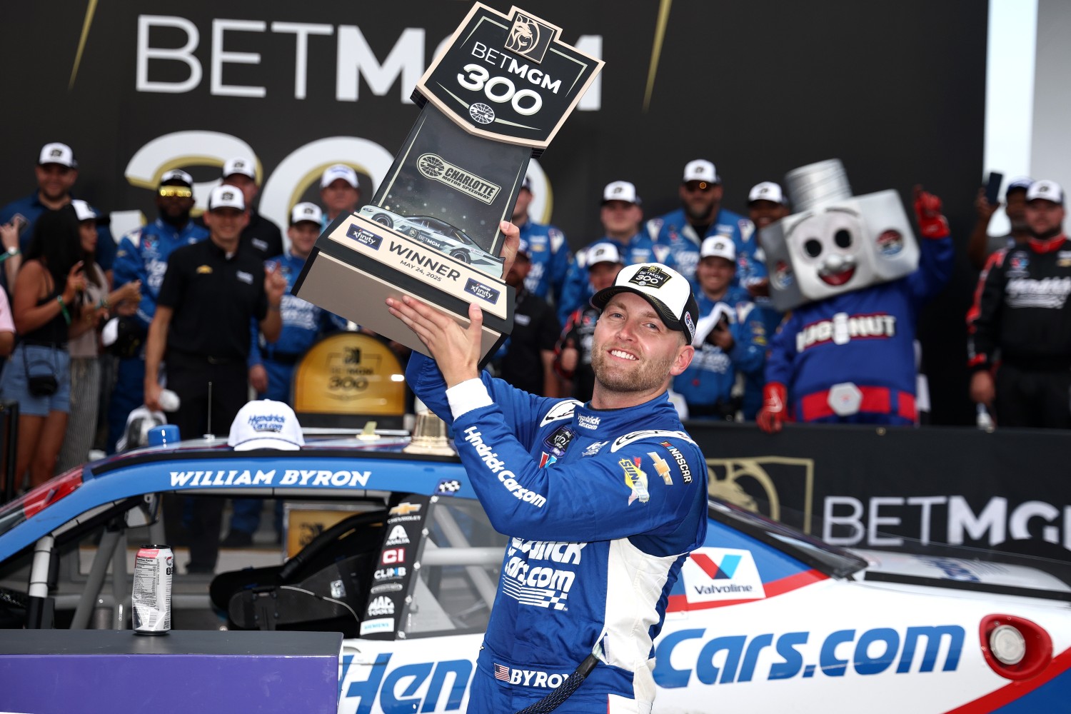 William Byron, driver of the #17 HendrickCars.com Chevrolet, celebrates in victory lane after winning the NASCAR Xfinity Series BetMGM 300 at Charlotte Motor Speedway on May 24, 2025 in Concord, North Carolina. (Photo by Jared C. Tilton/Getty Images for NASCAR)