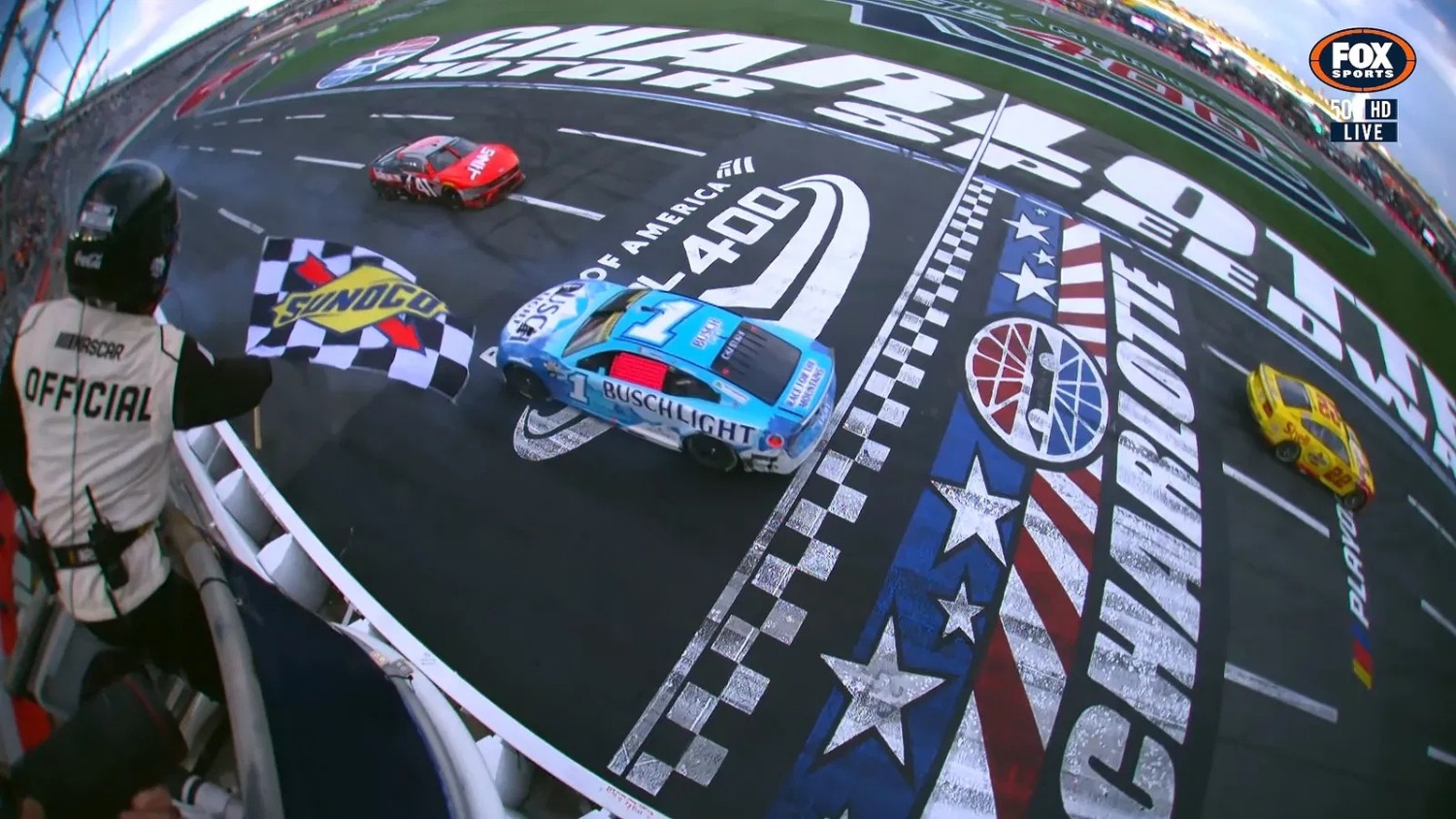 Ross The Watermelon Man' Chastain races across the finish line in reverse at Charlotte in the Roval 400