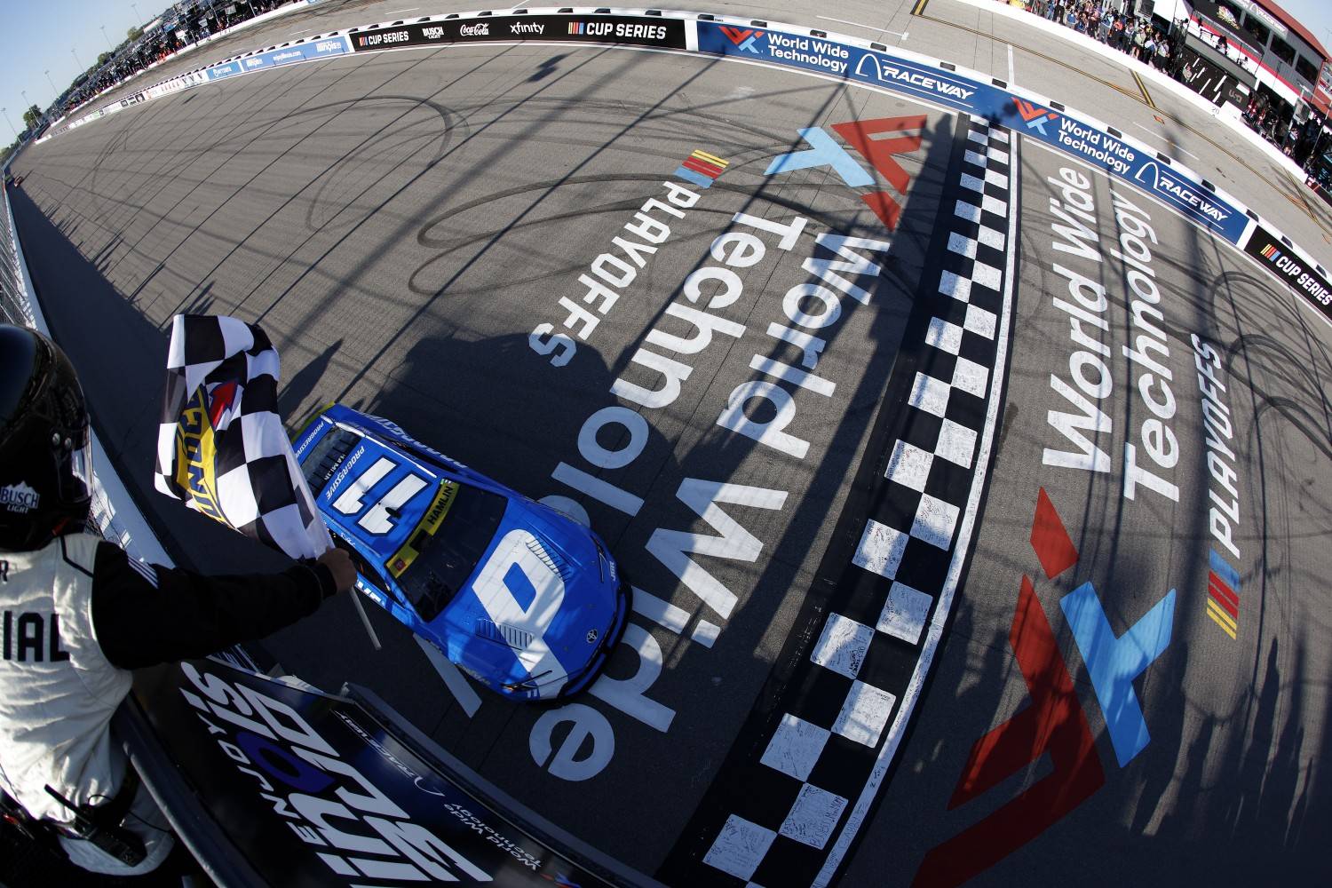 Denny Hamlin, driver of the #11 Progressive Toyota, leads the field to the green flag to start the NASCAR Cup Series Enjoy Illinois 300 at WWT Raceway on September 07, 2025 in Madison, Illinois. (Photo by Sean Gardner/Getty Images for NASCAR)