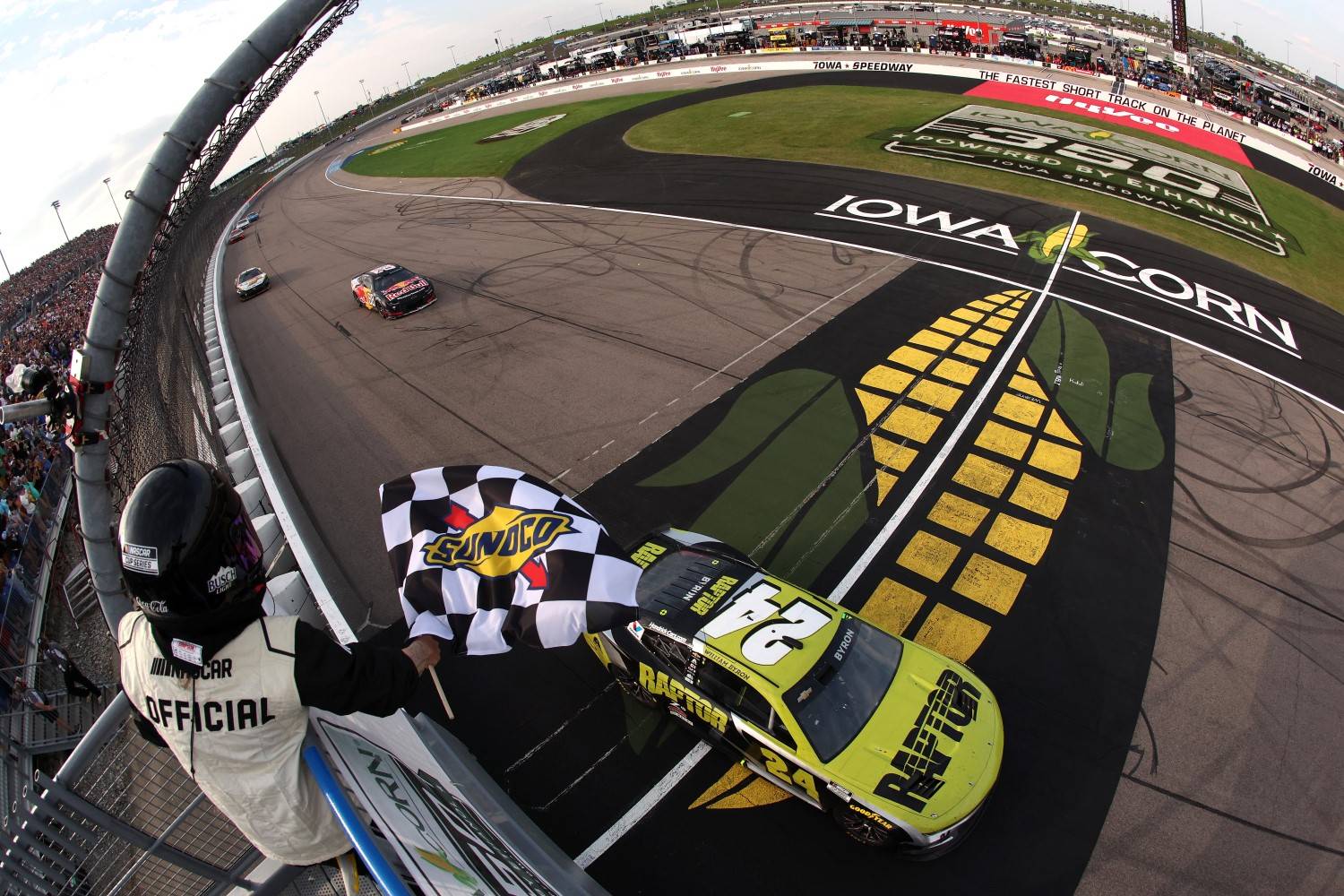 William Byron, driver of the #24 Raptor Chevrolet, takes the checkered flag to win the NASCAR Cup Series Iowa Corn 350 Powered by Ethanol at Iowa Speedway on August 03, 2025 in Newton, Iowa. (Photo by Meg Oliphant/Getty Images)