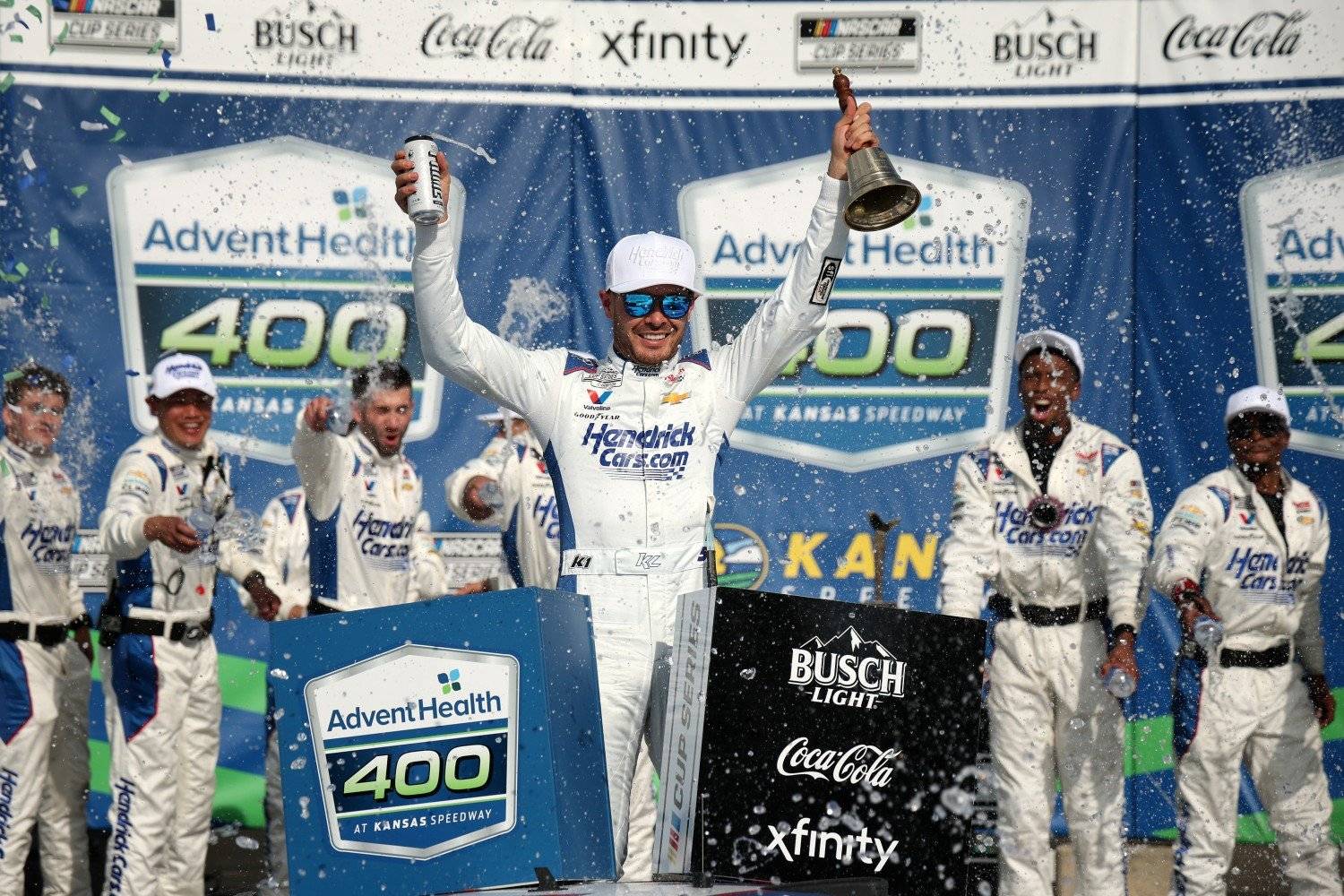Kyle Larson, driver of the #5 HendrickCars.com Chevrolet, celebrates in victory lane after winning the NASCAR Cup Series AdventHealth 400 at Kansas Speedway on May 11, 2025 in Kansas City, Kansas. (Photo by Chris Graythen/Getty Images for NASCAR)