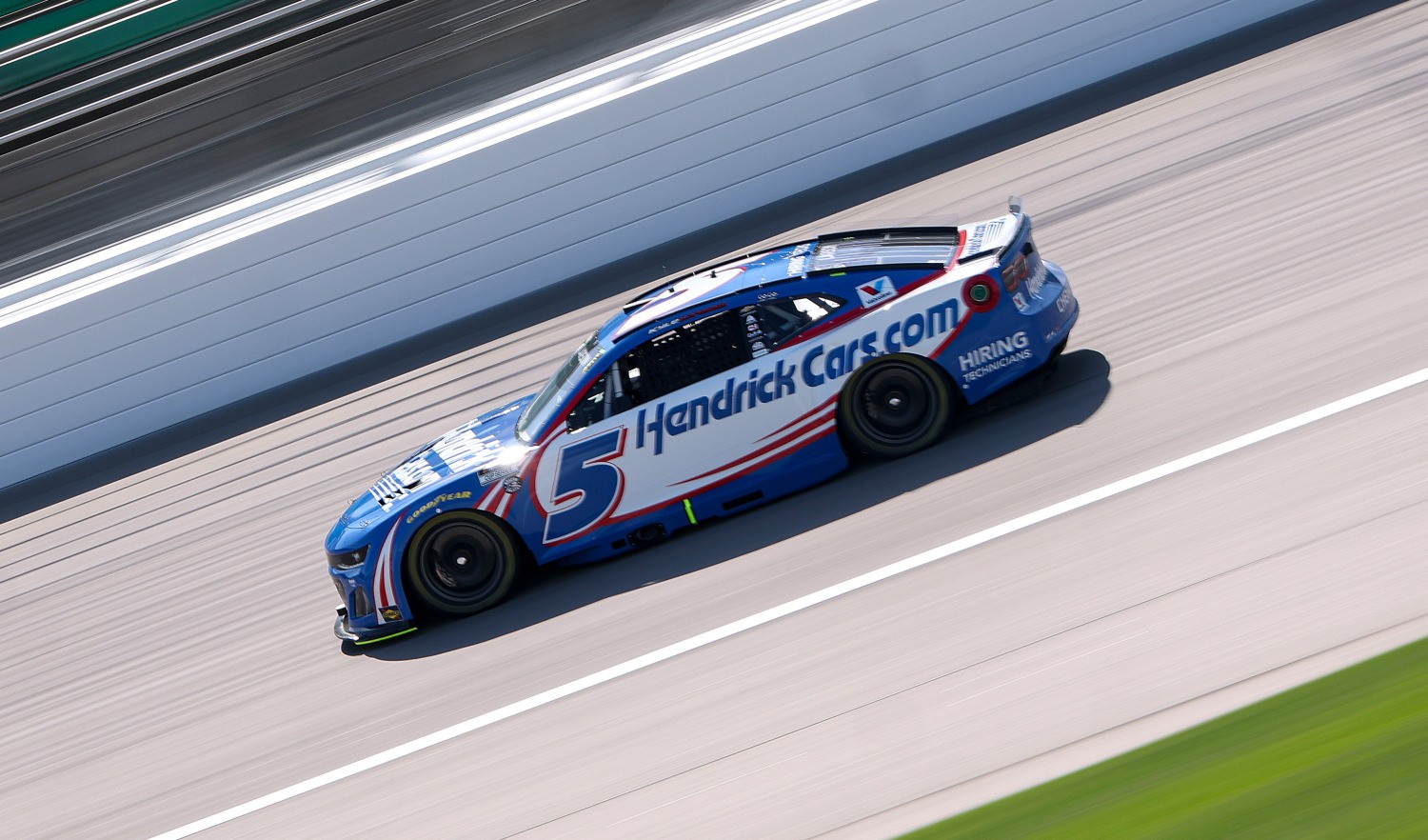Kyle Larson, driver of the #5 HendrickCars.com Chevrolet, drives during qualifying for the NASCAR Cup Series AdventHealth 400 at Kansas Speedway on May 10, 2025 in Kansas City, Kansas. (Photo by Jamie Squire/Getty Images)