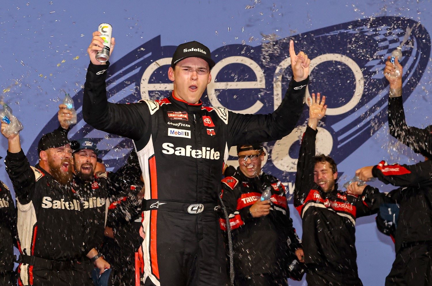 Corey Heim, driver of the #11 Safelite Toyota, celebrates in victory lane after winning the NASCAR Craftsman Truck Series eero 250 at Richmond Raceway on August 15, 2025 in Richmond, Virginia. (Photo by Samuel Corum/Getty Images)