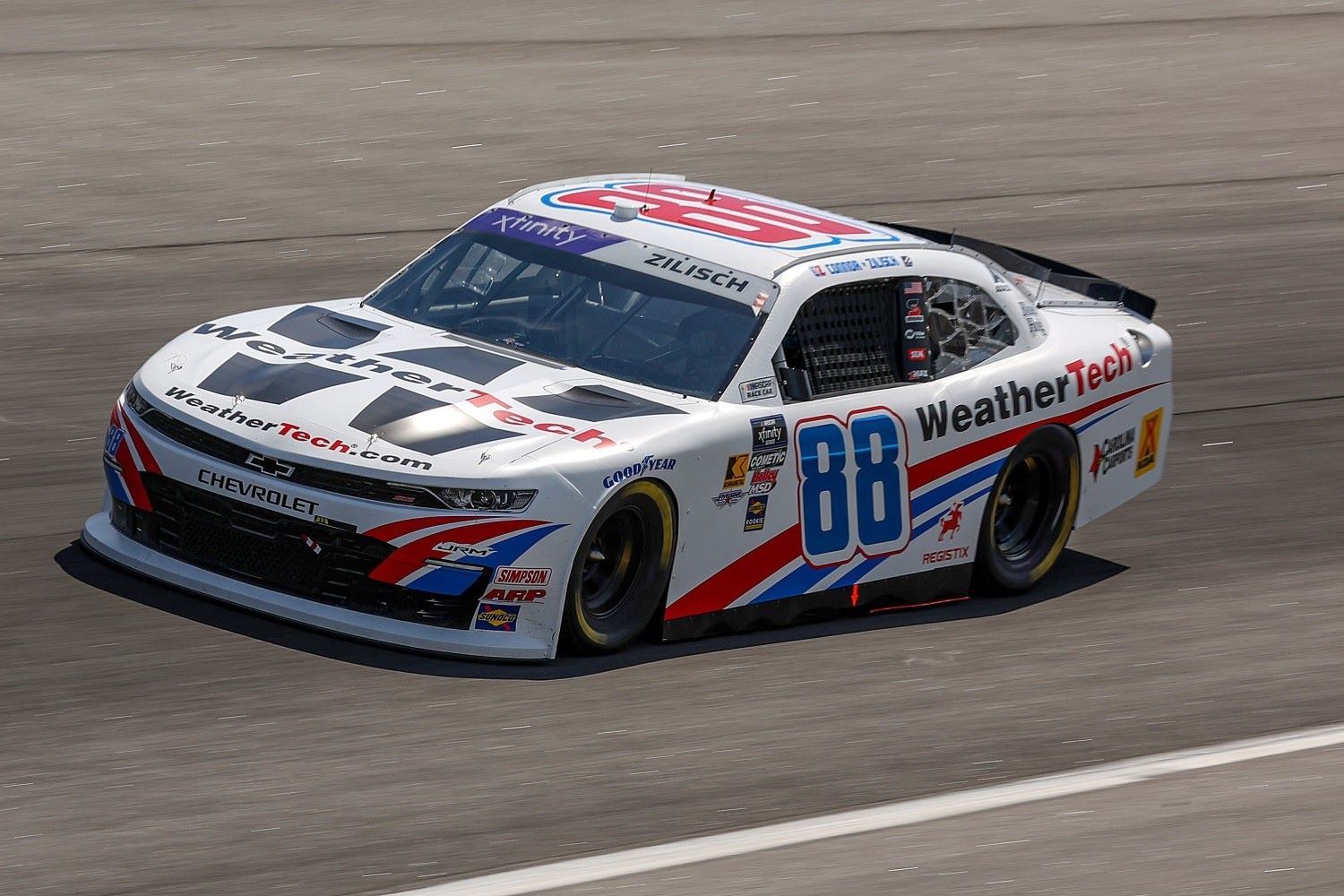 Connor Zilisch, driver of the #88 WeatherTech Chevrolet, drives during practice for the NASCAR Xfinity Series North Carolina Education Lottery 250 presented by Blacks Tire at Rockingham Speedway on April 18, 2025 in Rockingham, North Carolina. (Photo by James Gilbert/Getty Images)