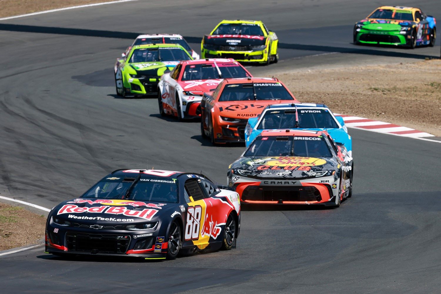 Shane Van Gisbergen, driver of the #88 Red Bull Chevrolet, leads the field during the NASCAR Cup Series Toyota/Save Mart 350 at Sonoma Raceway on July 13, 2025 in Sonoma, California. (Photo by Chris Graythen/Getty Images)