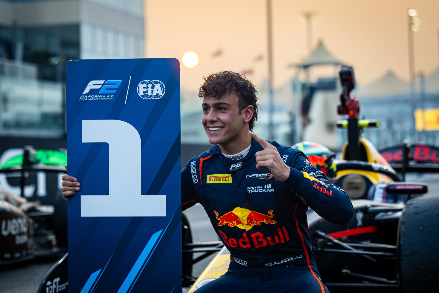 Arvid Lindblad #4 Campos Racing, during round 14 of the FIA Formula 2 Championship at Yas Marina Circuit on December 04–07, 2025 in Abu Dhabi, United Arab Emirates. // Dutch Photo Agency / Red Bull Content Pool //
