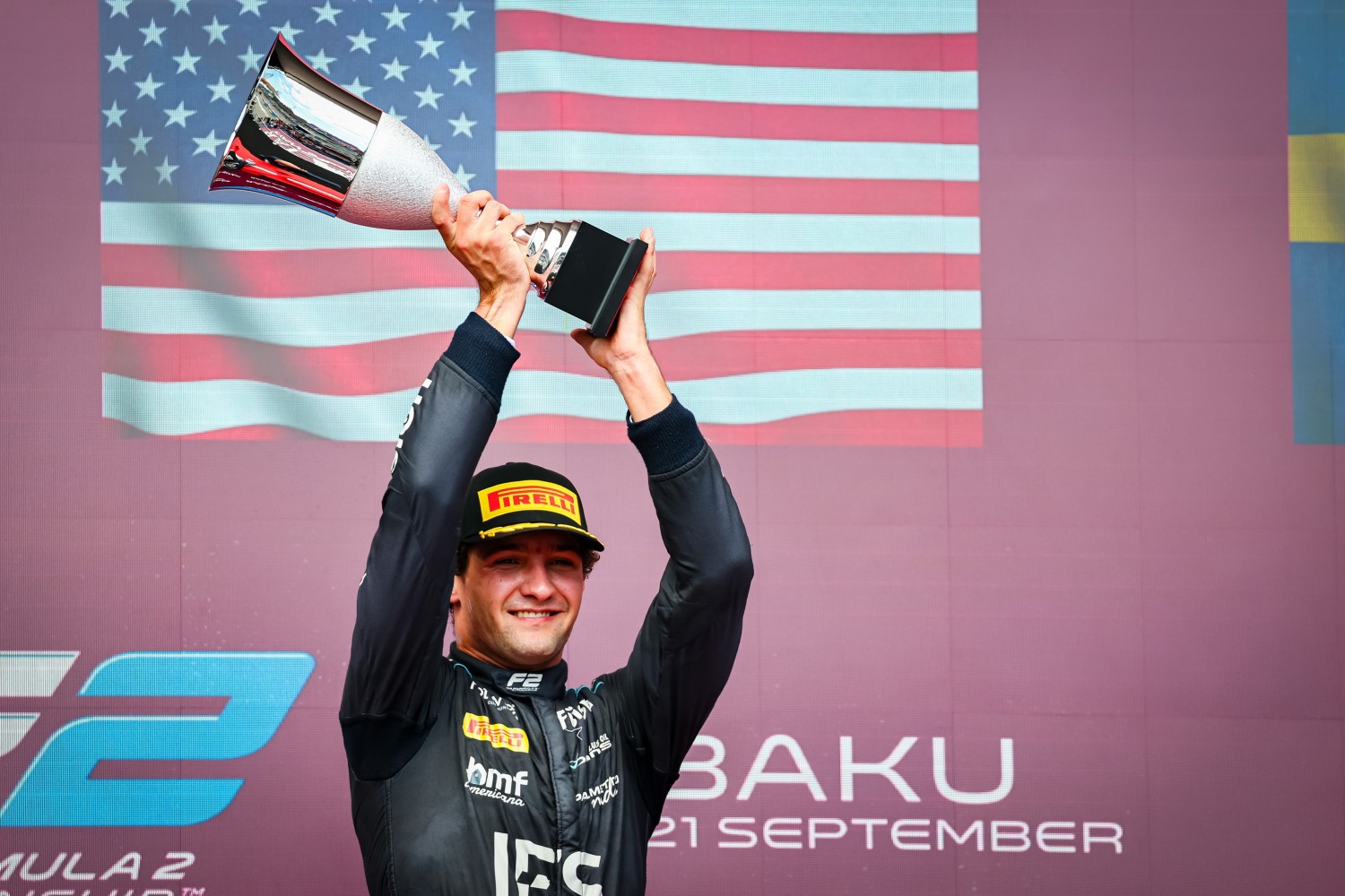 Jak Crawford wins the 2025 Formula 2 Azerbaijan Feature race. Photo by Dutch Photo Agency courtesy of SundayManagement.com