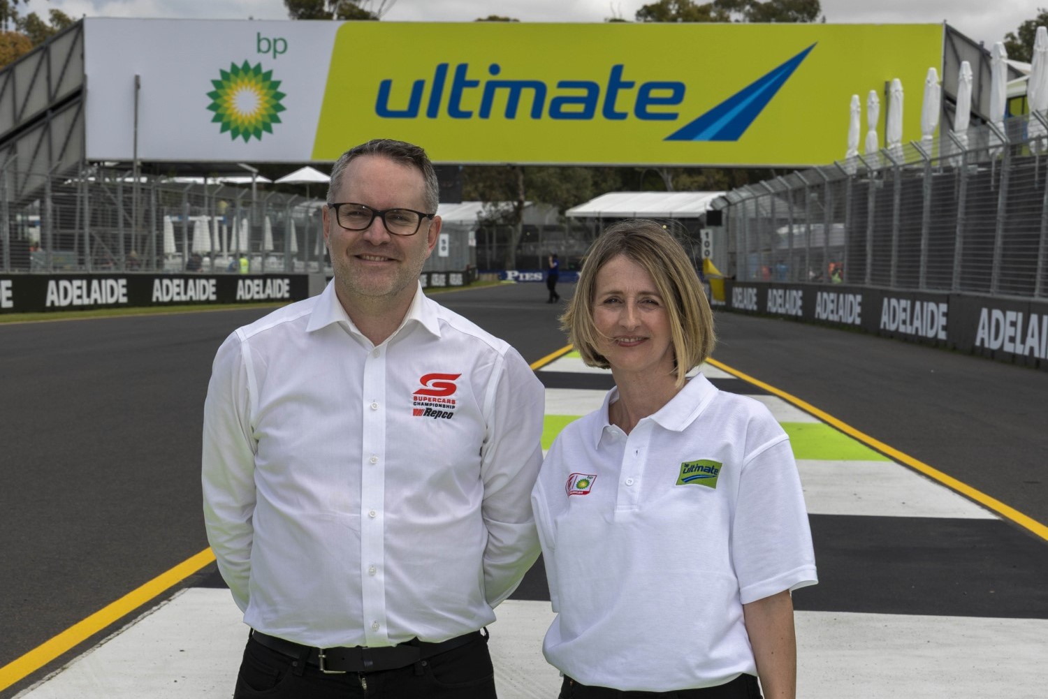 Supercars Chief Executive James Warburton and Jo Brecknock, Vice President Marketing, ANZ at bp at the 2025 bp Adelaide Grand Final, Event 13 of the Repco Supercars Championship, Adelaide Street Circuit, Adelaide, South Australia, Australia. 27 Nov, 2025.