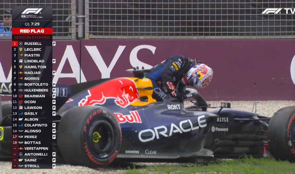 #3 Max Verstappen exits his Red Bull RB22 after crashing out of qualifying for the 2026 Australian GP