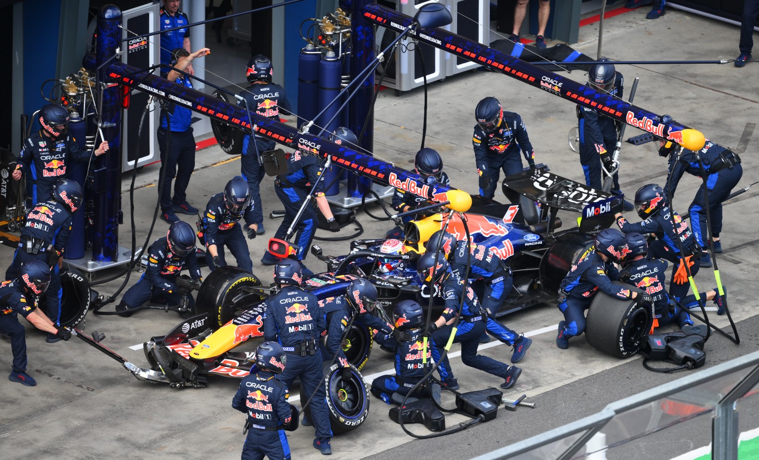 Max Verstappen of the Netherlands driving the (3) Oracle Red Bull Racing RB22 Red Bull Ford makes a pitstop during the F1 Grand Prix of Australia at Albert Park Grand Prix Circuit on March 08, 2026 in Melbourne, Australia. (Photo by Simon Galloway/LAT Images for Pirelli)