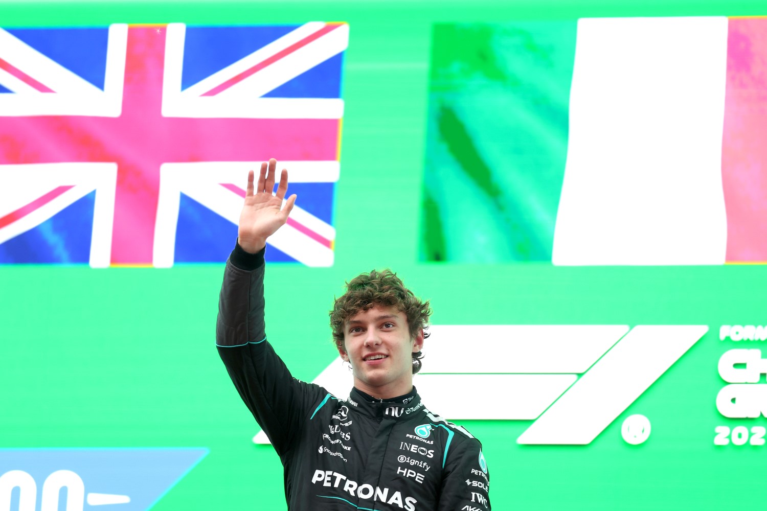 Race winner Andrea Kimi Antonelli of Italy and Mercedes AMG Petronas F1 Team waves on the drivers parade during the F1 Grand Prix of China at Shanghai International Circuit on March 15, 2026 in Shanghai, China. (Photo by Dom Gibbons/LAT Images for Mercedes)