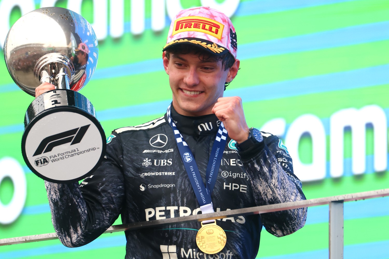 Race winner Andrea Kimi Antonelli of Italy and Mercedes AMG Petronas F1 Team celebrates on the podium during the F1 Grand Prix of Japan at Suzuka Circuit on March 29, 2026 in Suzuka, Japan. (Photo by Clive Mason/Getty Images for Pirelli)
