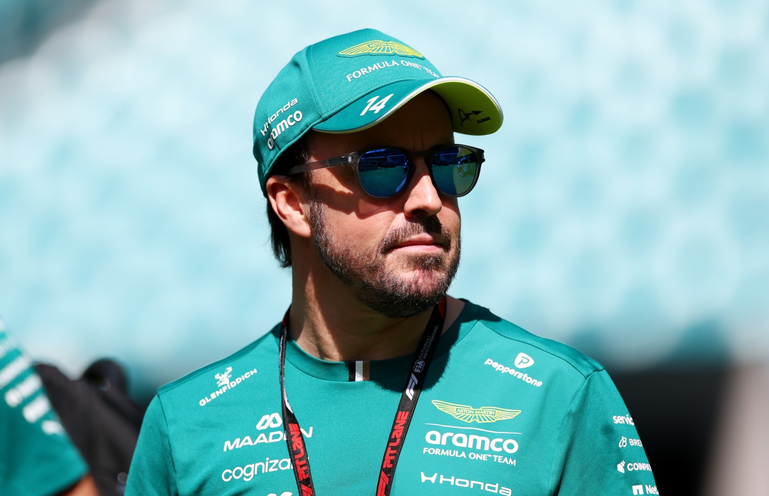 Fernando Alonso of Spain and Aston Martin F1 Team arrives in the Paddock prior to practice ahead of the F1 Grand Prix of Miami at Miami International Autodrome on May 01, 2026 in Miami, Florida. (Photo by Clive Mason/Getty Images for Aston Martin)