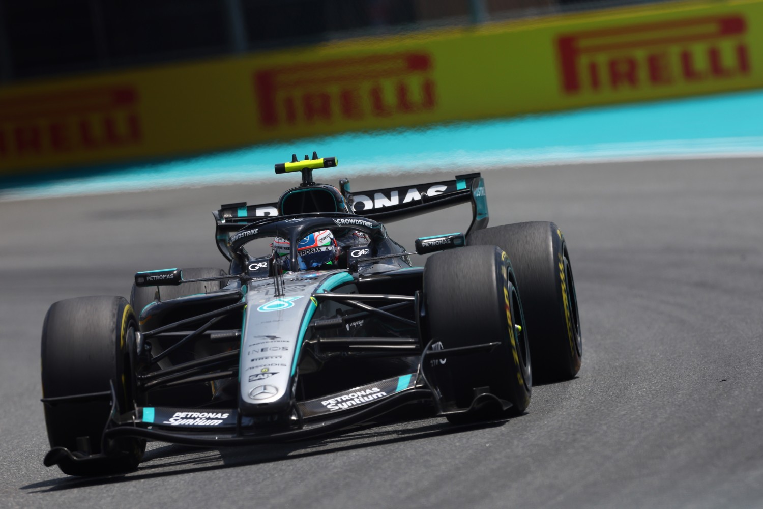 Andrea Kimi Antonelli of Italy driving the (12) Mercedes AMG Petronas F1 Team W17 on track during the Sprint ahead of the F1 Grand Prix of Miami at Miami International Autodrome on May 02, 2026 in Miami, Florida. (Photo by Andy Hone/LAT Images for Mercedes)