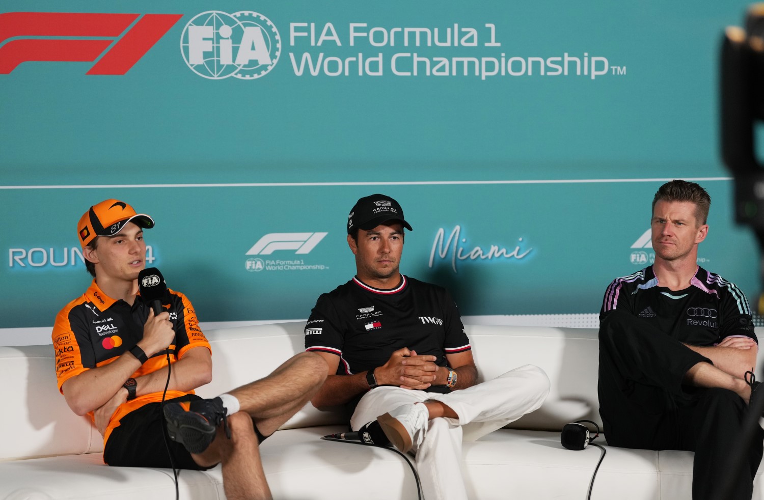 Oscar Piastri of Australia and McLaren, Sergio Perez of Mexico and Cadillac F1 Team and Nico Hulkenberg of Germany and Audi F1 Team attend the Drivers Press Conference during previews ahead of the F1 Miami GP at Miami International Autodrome on April 30, 2026 in Miami, Florida. (Photo by Sona Maleterova/LAT Images for McLaren)