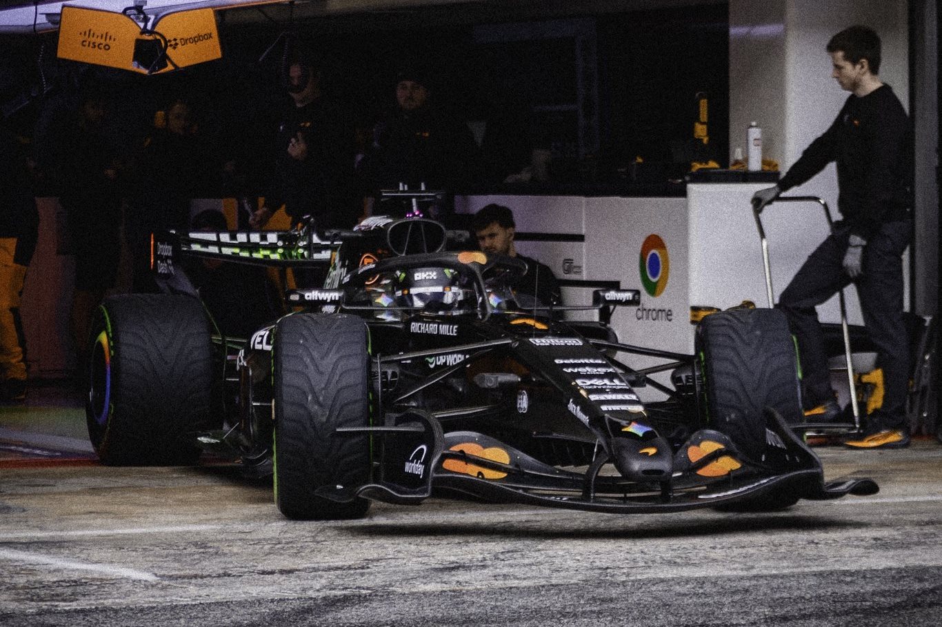 Lando Norris pulls out of the garage in Barcelona in the superior Rob Marshall designed McLaren MCL40 on Wednesday, January 28, 2026. Image supplied by the McLaren F1 team.