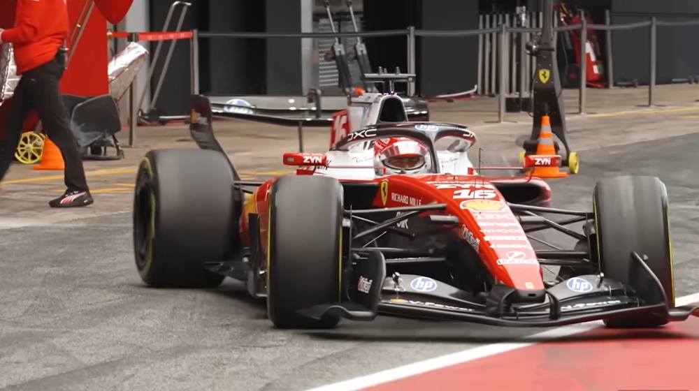 2026 Formula 1 Barcelona Test Day 2 - Charles Leclerc pulls out of the garage in the #16 Ferrari