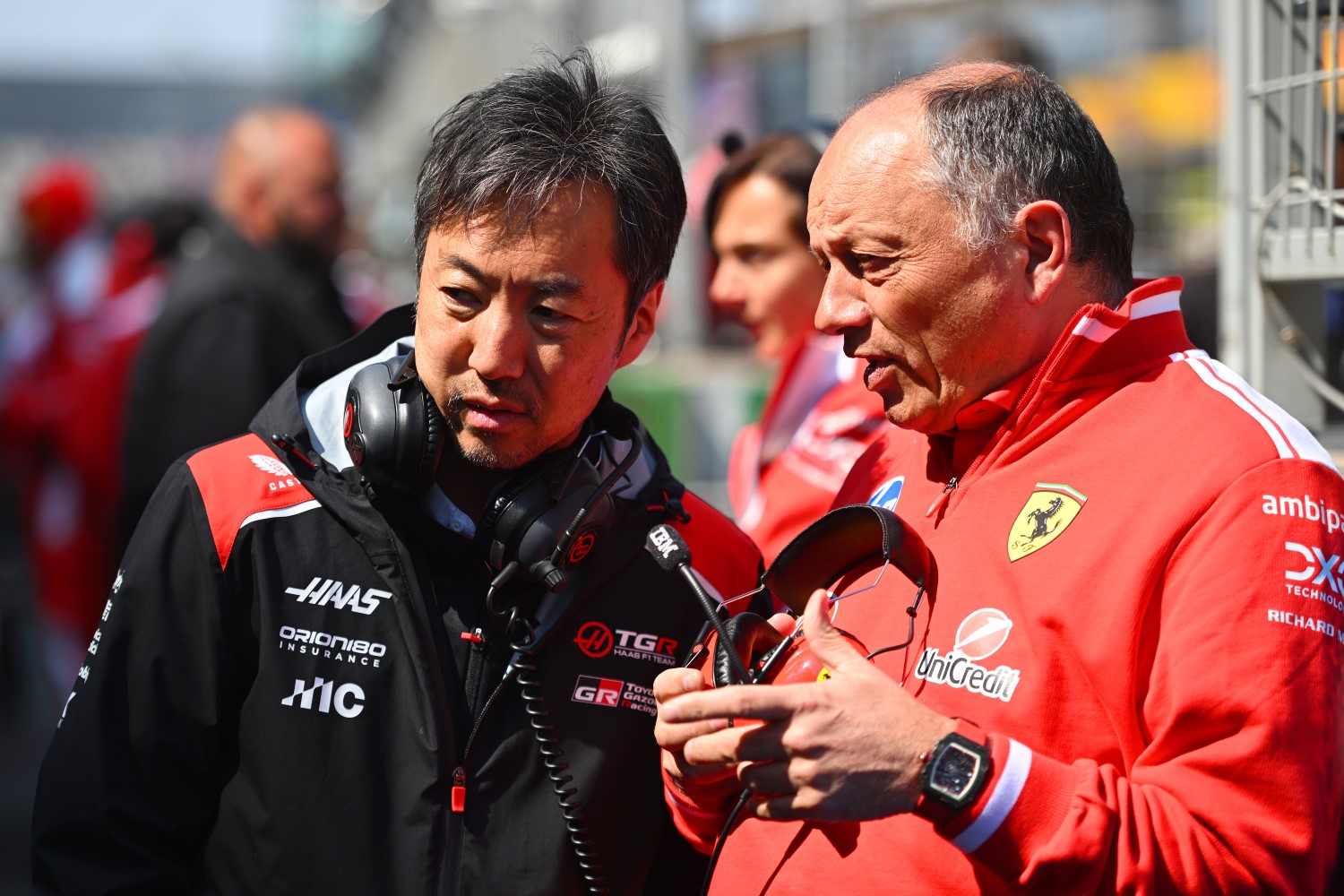 Ayao Komatsu, Team Principal of Haas F1 and Frederic Vasseur, Team Principal of Scuderia Ferrari talk on the grid prior to the Sprint ahead of the F1 Grand Prix of China at Shanghai International Circuit on March 14, 2026 in Shanghai, China. (Photo by Rudy Carezzevoli/Getty Images for Haas)