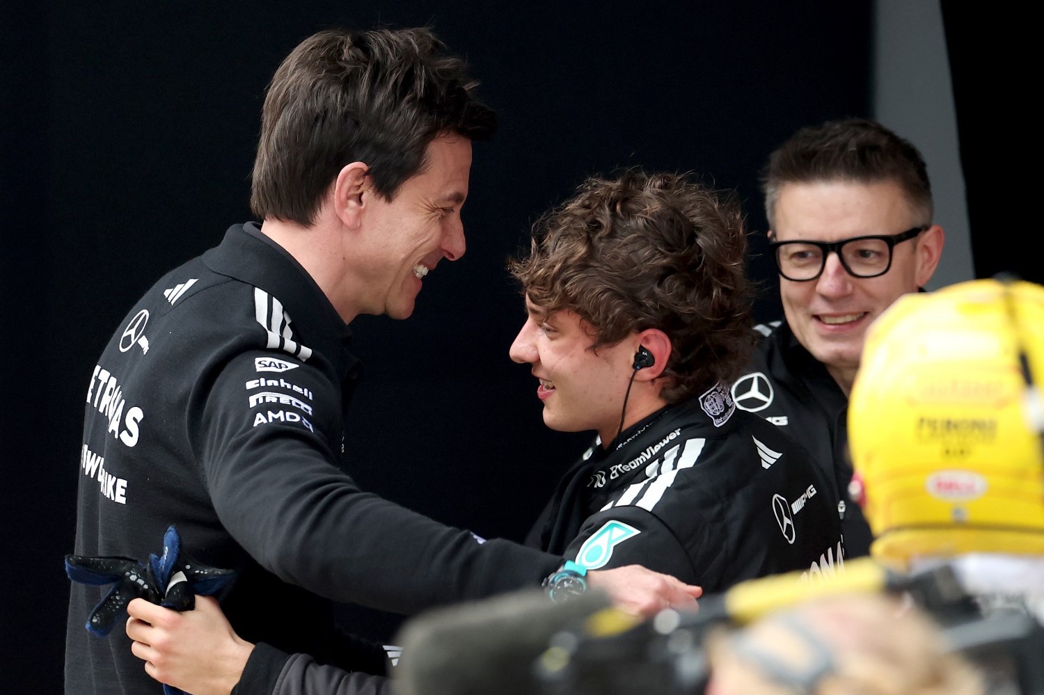 Toto Wolff, Executive Director of Mercedes AMG Petronas F1 Team and Race winner Andrea Kimi Antonelli of Italy and Mercedes AMG Petronas F1 Team celebrate in parc ferme during the F1 Grand Prix of China at Shanghai International Circuit on March 15, 2026 in Shanghai, China. (Photo by Dom Gibbons/LAT Images for Mercedes)