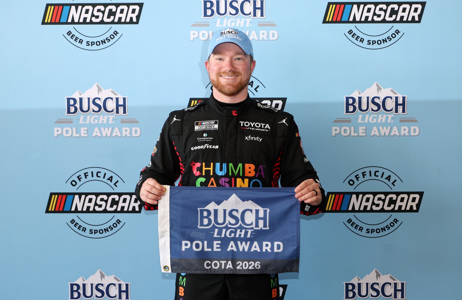 Tyler Reddick, driver of the #45 Chumba Casino Toyota, poses for photos after winning the pole award during qualifying for the NASCAR Cup Series DuraMax Grand Prix Powered by RelaDyne at Circuit of The Americas on February 28, 2026 in Austin, Texas. (Photo by James Gilbert/Getty Images)