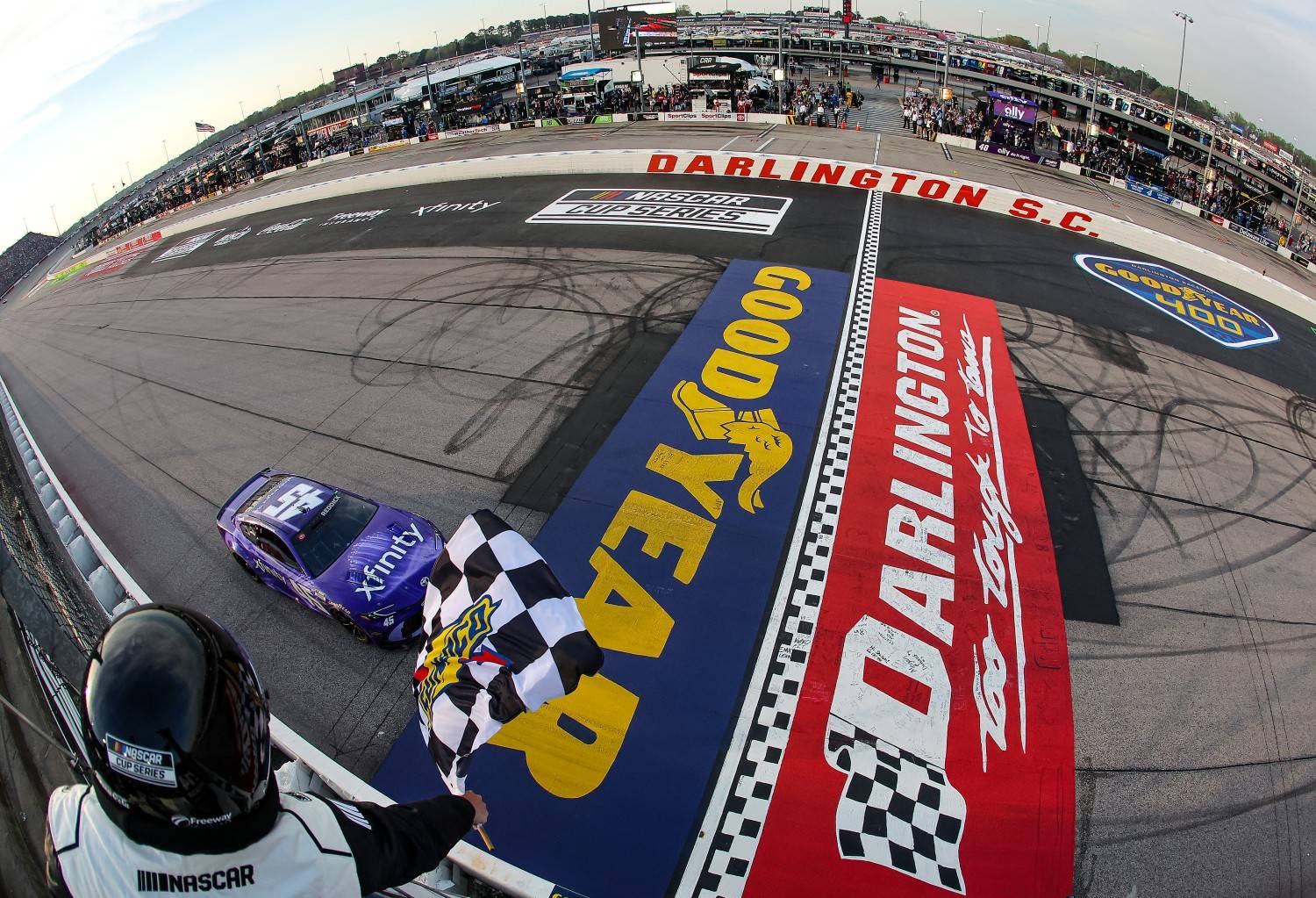Tyler Reddick, driver of the #45 Xfinity Toyota, takes the checkered flag to win the NASCAR Cup Series Goodyear 400 at Darlington Raceway on March 22, 2026 in Darlington, South Carolina. (Photo by Jonathan Bachman/Getty Images)