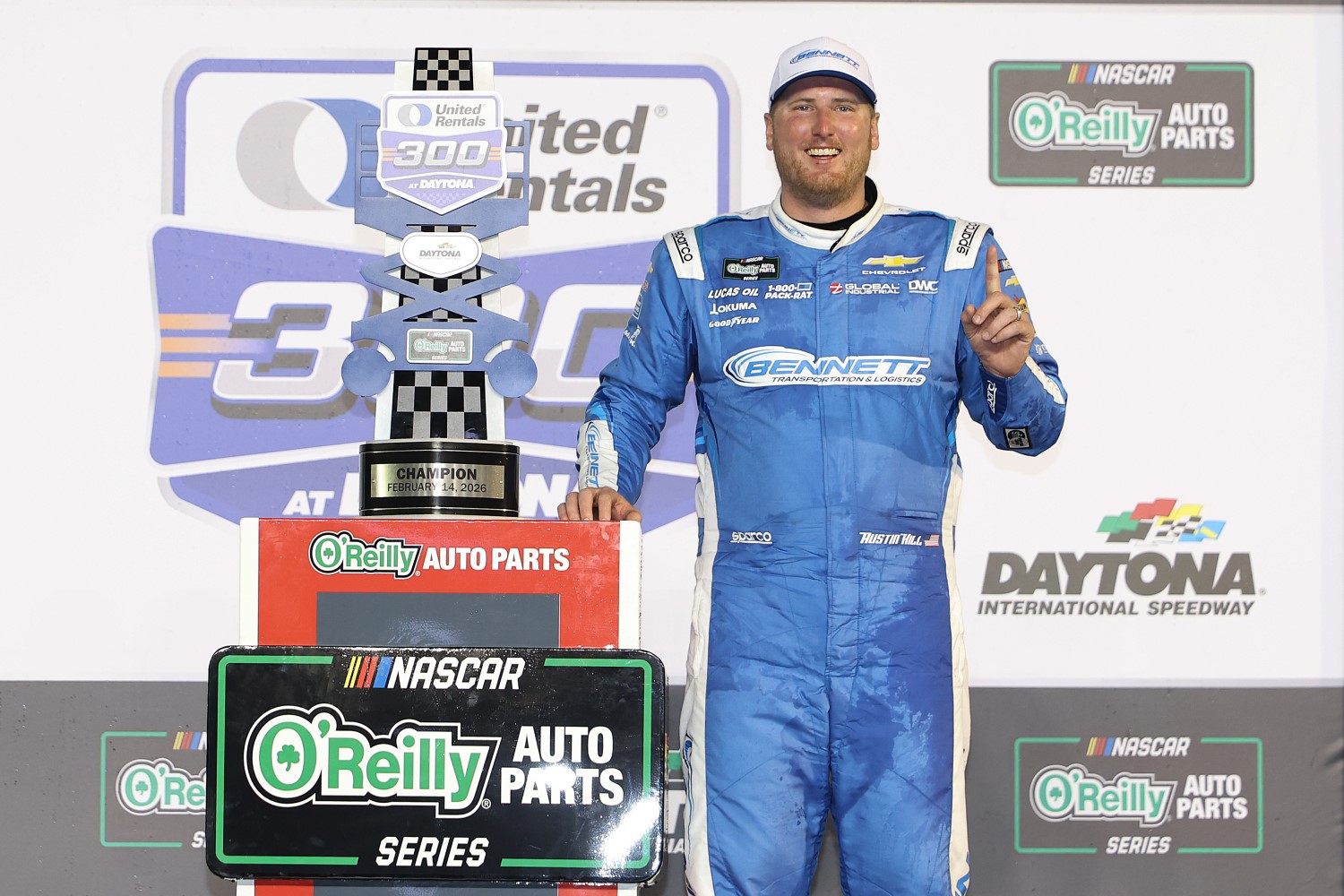 Austin Hill, driver of the #21 Bennett Transportation Chevrolet, celebrates in victory lane after winning the NASCAR O'Reilly Auto Parts Series United Rentals 300 at Daytona International Speedway on February 14, 2026 in Daytona Beach, Florida. (Photo by James Gilbert/Getty Images)