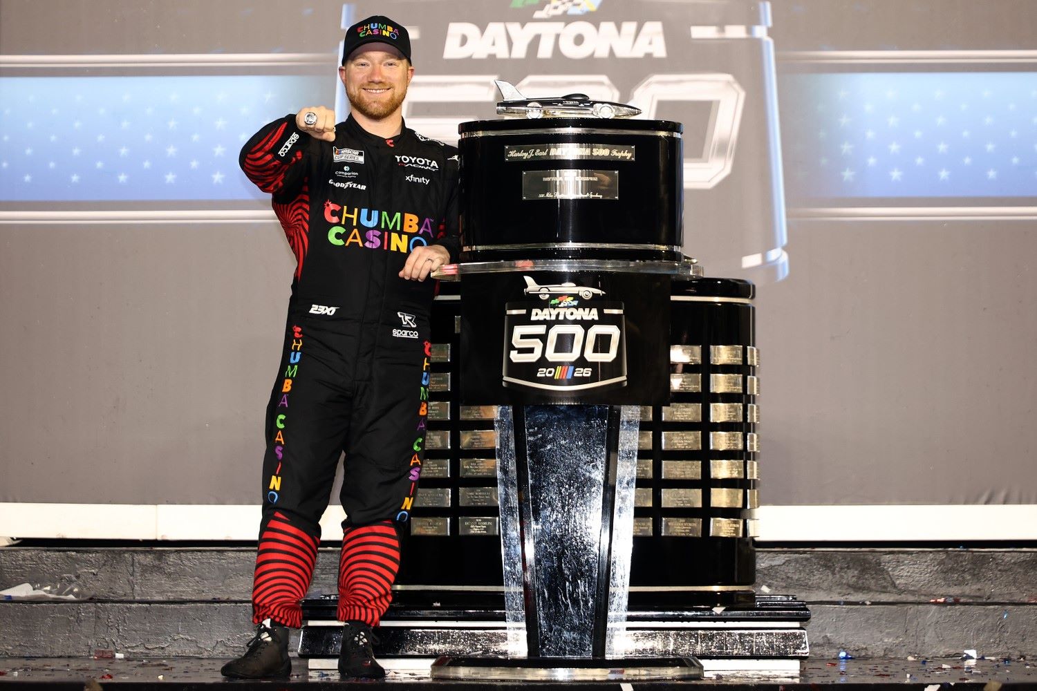 Tyler Reddick, driver of the #45 Chumba Casino Toyota, celebrates in victory lane after winning the NASCAR Cup Series Daytona 500 at Daytona International Speedway on February 15, 2026 in Daytona Beach, Florida. (Photo by James Gilbert/Getty Images)