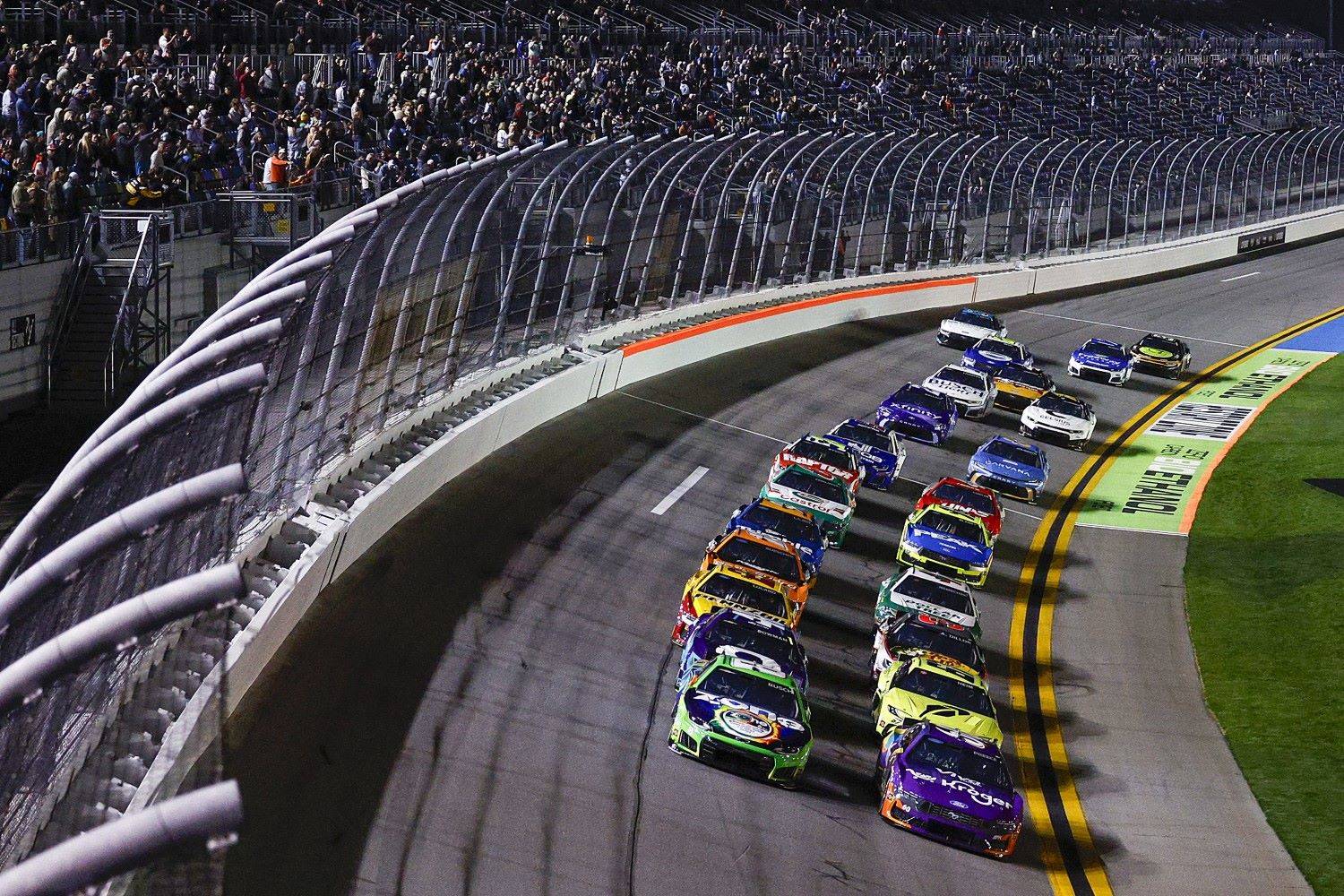 Ryan Preece, driver of the #60 Kroger/Viva Towels Ford, and Kyle Busch, driver of the #8 zone Jalapeno Lime Chevrolet, lead the field to start Duel 1 for the NASCAR Cup Series Daytona 500 at Daytona at Daytona International Speedway on February 12, 2026 in Daytona Beach, Florida. (Photo by Sean Gardner/Getty Images)