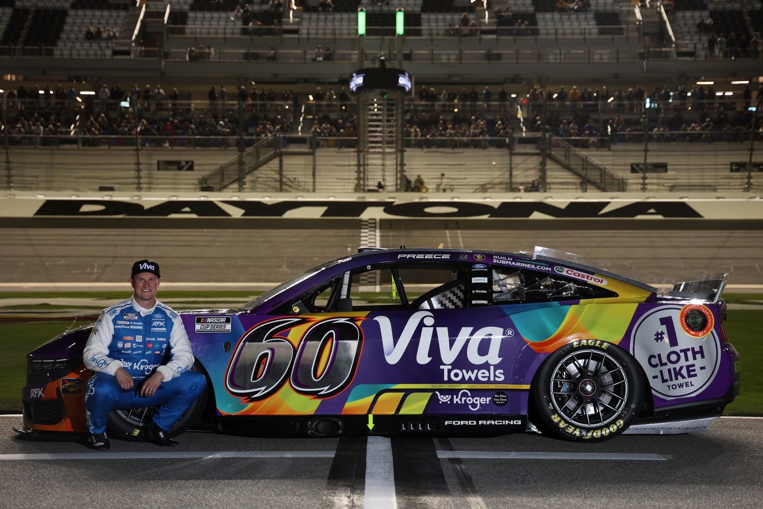 Ryan Preece, driver of the #60 Kroger/Viva Towels Ford, poses for a photo during qualifying for the NASCAR Cup Series Daytona 500 at Daytona International Speedway on February 11, 2026 in Daytona Beach, Florida. (Photo by Chris Graythen/Getty Images)