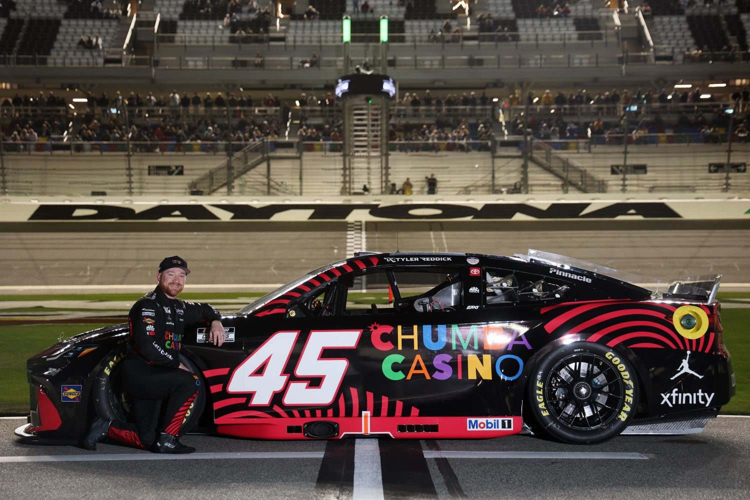Tyler Reddick, driver of the #45 Chumba Casino Toyota, poses for a photo during qualifying for the NASCAR Cup Series Daytona 500 at Daytona International Speedway on February 11, 2026 in Daytona Beach, Florida. (Photo by Chris Graythen/Getty Images)