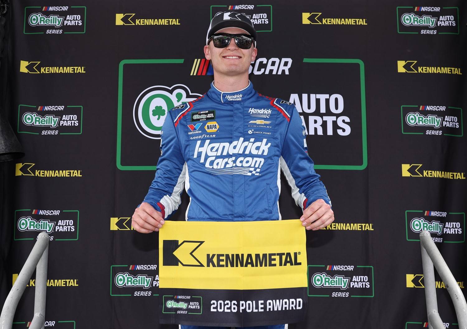 Corey Day, driver of the #17 HendrickCars.com Chevrolet, poses for photos after winning the pole award during qualifying for the NASCAR O'Reilly Auto Parts Series North Carolina Education Lottery 250 Presented by Black's Tire at Rockingham Speedway on April 03, 2026 in Rockingham, North Carolina. (Photo by James Gilbert/Getty Images for NASCAR)