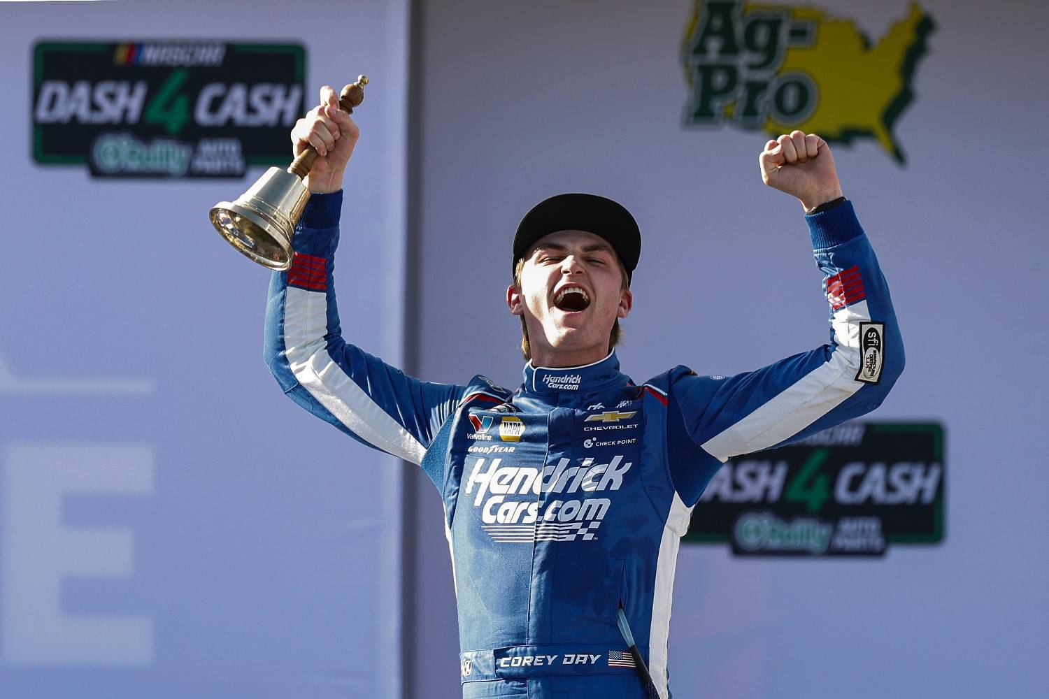 Corey Day, driver of the #17 HendrickCars.com Chevrolet, celebrates in victory lane after winning the NASCAR O'Reilly Auto Parts Series Ag-Pro 300 at Talladega Superspeedway on April 25, 2026 in Talladega, Alabama. (Photo by Sean Gardner/Getty Images)