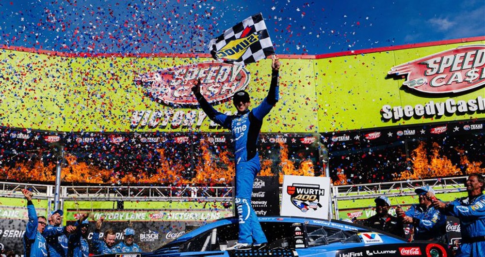 #9 Hendrick Motorsport Chevy driver Chase Elliott celebrates his win in the Wurth 400 NASCAR Cup race at Texas Motor Speedway on May 3, 2026. Photo by Getty Images for NASCAR