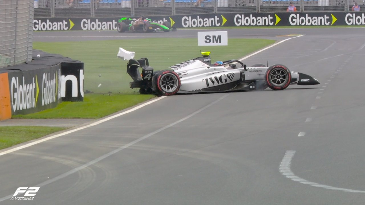 HiTech driver American Colton Herta crashes exiting Turn 10 in Melbourne