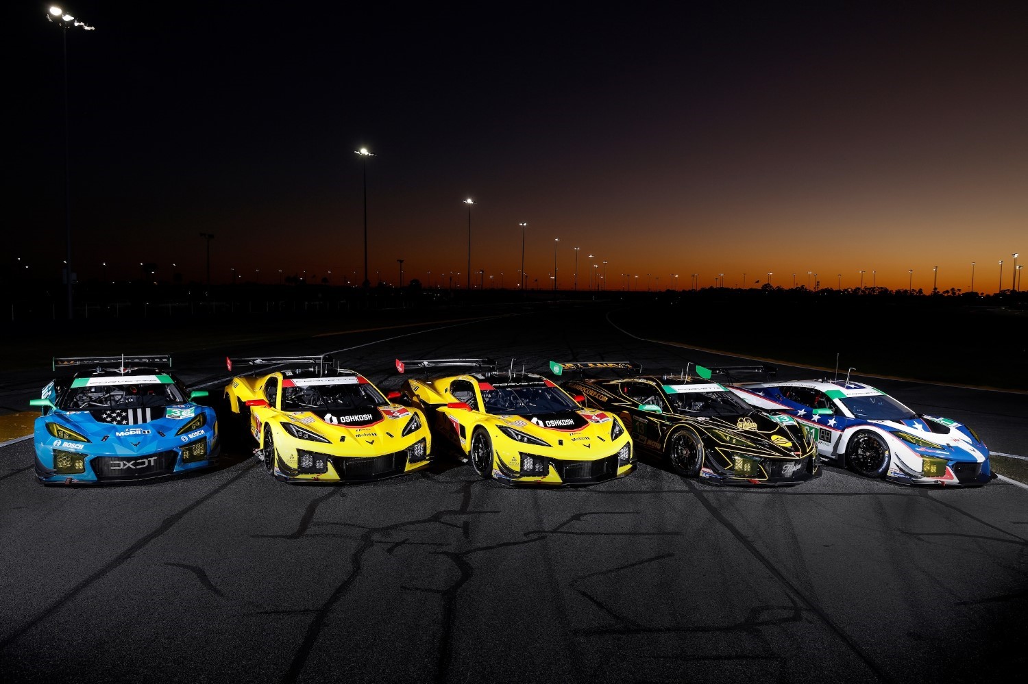#36: DXDT Racing, Corvette Z06 GT3.R, GTD: Mason Filippi, Charlie Eastwood, Scott McLaughlin, Salih Yoluc, #3: Corvette Racing by Pratt Miller Motorsports, Corvette Z06 GT3.R, GTD Pro: Antonio Garcia, Alexander Sims, Marvin Kirchhöfer, #4: Corvette Racing by Pratt Miller Motorsports, Corvette Z06 GT3.R, GTD Pro: Tommy Milner, Nicky Catsburg, Nico Varrone, #13: 13 Autosport, Corvette Z06 GT3.R, GTD: Orey Fidani, Matthew Bell, Lars Kem, Ben Green, #81: DragonSpeed, Corvette Z06 GT3.R, GTD: Henrik Hedman, Giacomo Altoė, Casper Stevenson, Matteo Cairoli. Image provided by General Motors Team Chevy