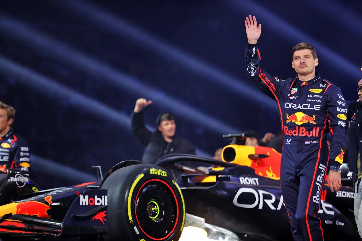 Max Verstappen of the Netherlands and Oracle Red Bull Racing unveil their livery on stage during the Red Bull Racing season launch at Michigan Central Station on January 15, 2026 in Detroit, Michigan. (Photo by Mark Thompson/Getty Images)