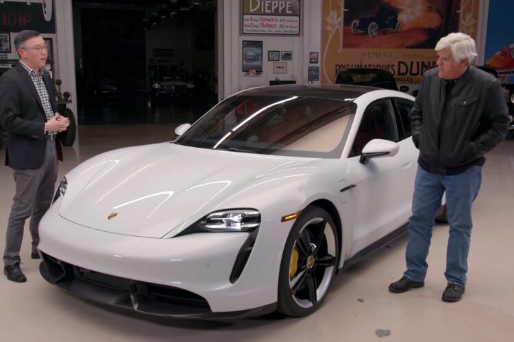Jay Leno has his first dab at driving the Porsche Taycan