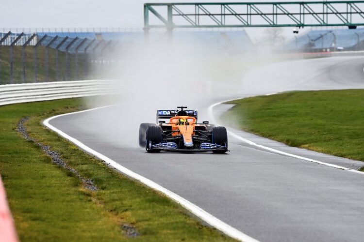 Video: McLaren MCL35M takes to wet Silverstone track