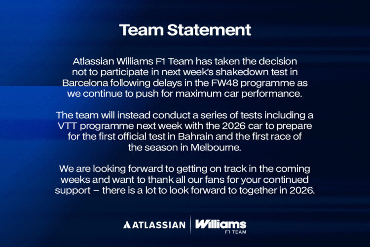 Formula 1 News: Williams to miss Barcelona test amid car delays